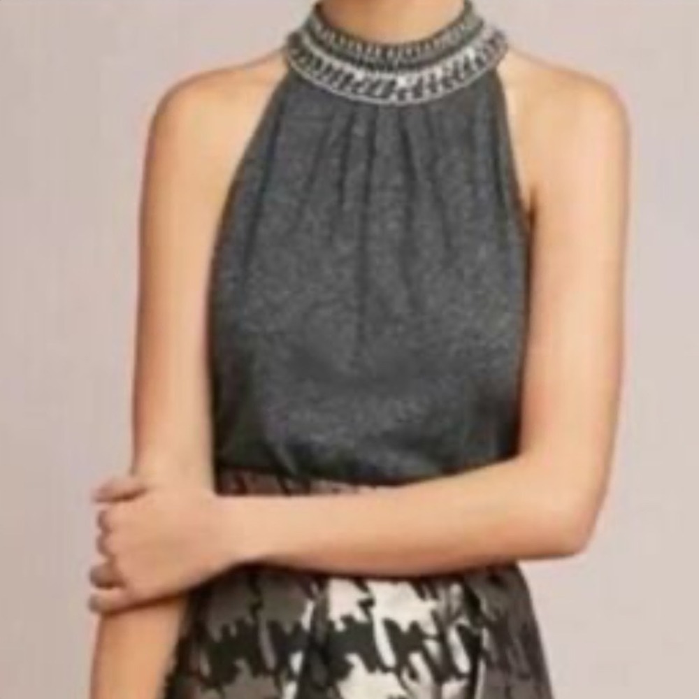 Anthropologie Vanessa Virginia Gray Beaded Halter‎ Neck Top Cotton Large NWT